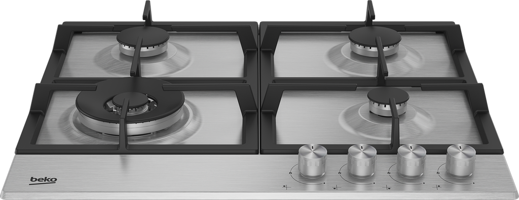 مسطح غاز  بيكو من ستانلس ستيل من 4 شعلات بحوامل من الحديد المصبوب موديل HIAW-64225SX مقاس 60 سم