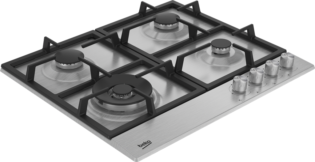 مسطح غاز  بيكو من ستانلس ستيل من 4 شعلات بحوامل من الحديد المصبوب موديل HIAW-64225SX مقاس 60 سم