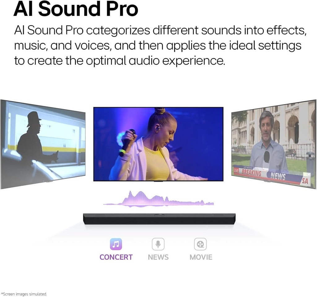 مكبر صوت ساوند بار ال جي، 5.1 قناة 600 وات دولبي ديجيتال، مكبر صوت ساوند بار للتلفزيون مع مضخم صوت لاسلكي ومكبر صوت خلفي لاسلكي، اتصال بصري HDMI، موديل S65TR