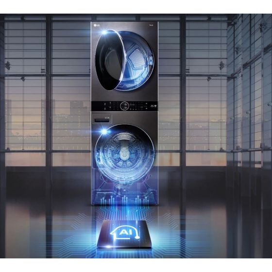 غسالة ملابس اوتوماتيك ال جي ووش تاور تحميل امامي، 21 كجم، موتور انفرتر، اسود - FWT2116BS