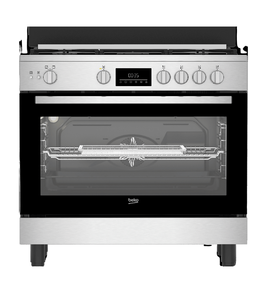 Beko gas cooker, 60*90 cm, 85 cm high - Stainless steel color - 5 gas hob burners - Gas oven burner - Gas grill burner - Full safety features for hob and oven - Glass hob cover - Air fryer - Oven tray - Oven rack - Cast iron pan supports - Touch screen - Self-ignition - Cooling fan - Oven fan (1 piece)