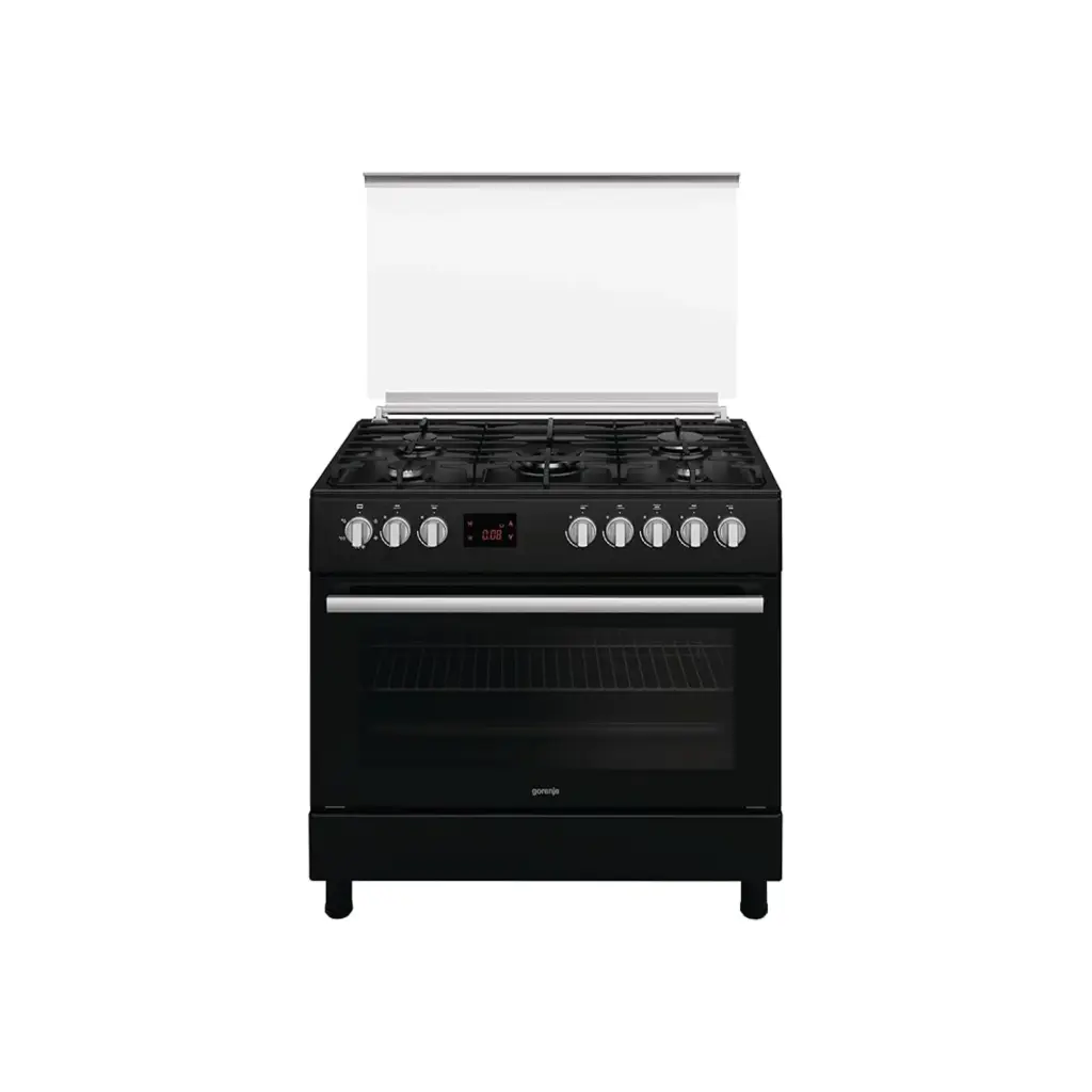 Gorenje Gas Cooker, 90 cm, 5 Burners, 105 Liters, Digital Display, Full Safety Features, Cast Iron Grates, Oven Fan, Key Ignition, Black GGI9C20B